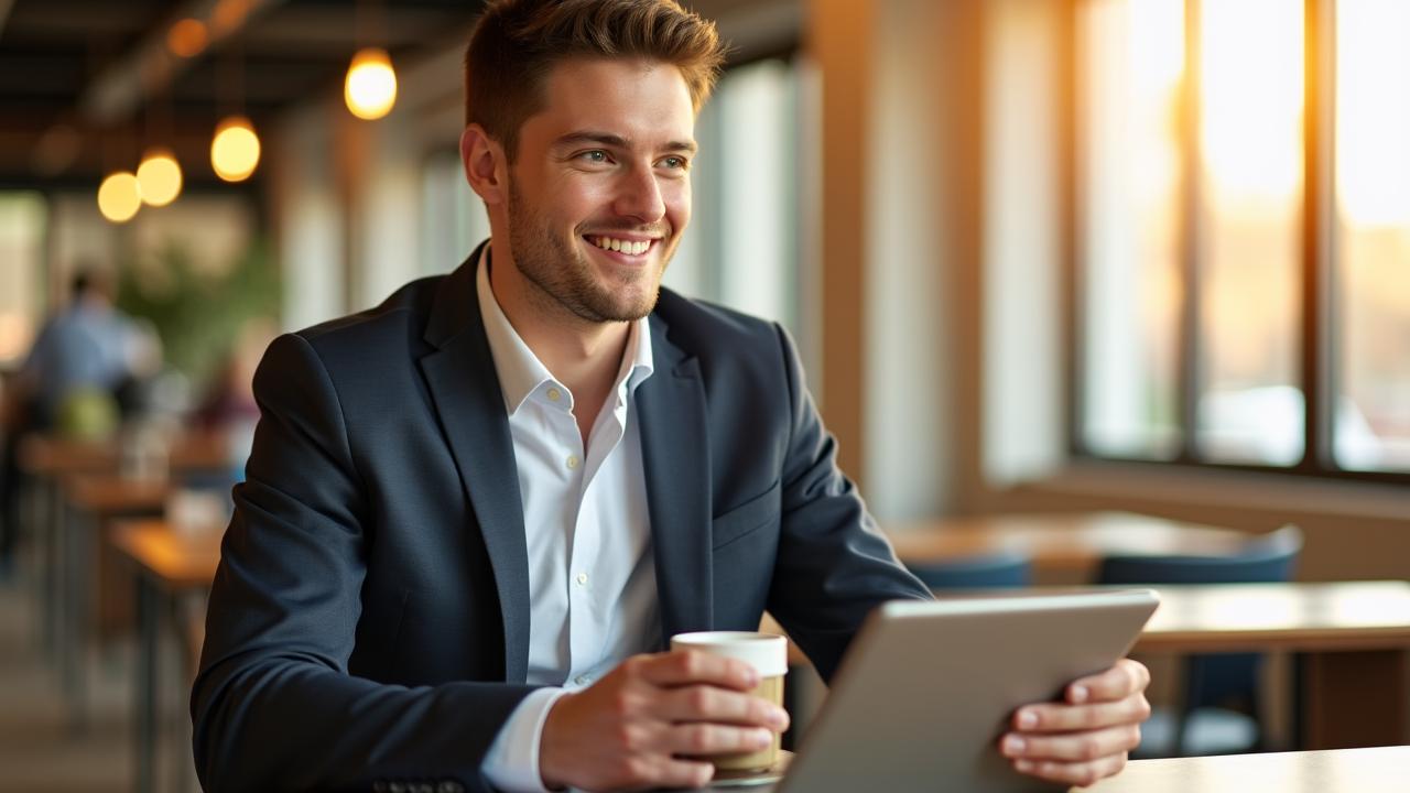 Ein junger Berufstätiger arbeitet entspannt in einem modernen Café