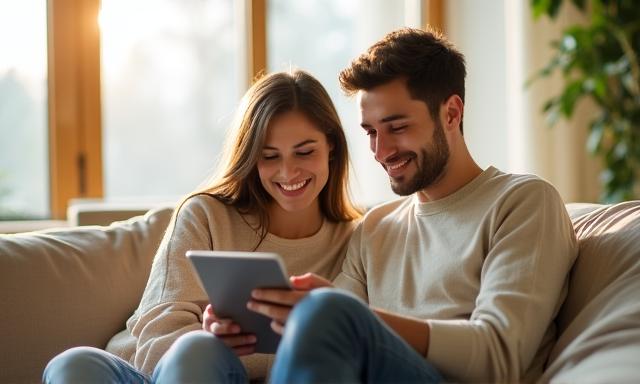 Ein glückliches Paar plant seine Finanzen digital am Tablet